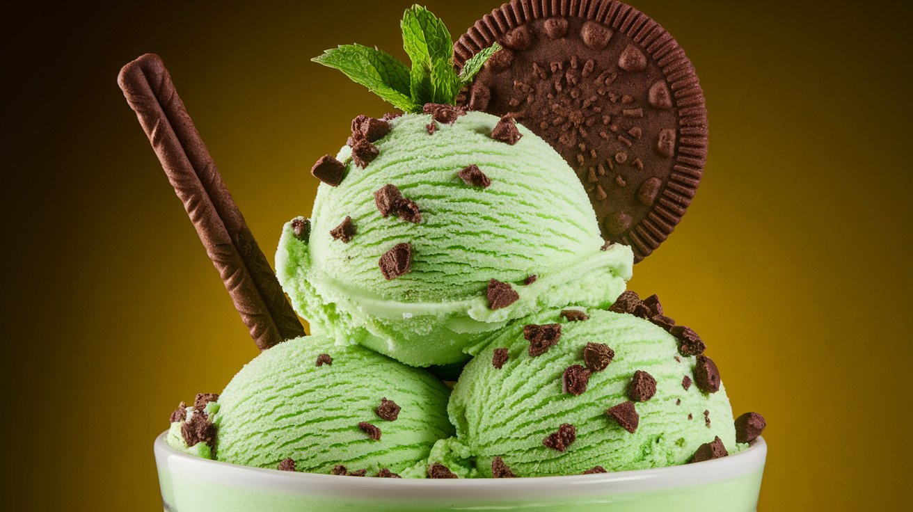 Bowl of Grasshopper ice cream with mint leaves and chocolate chips