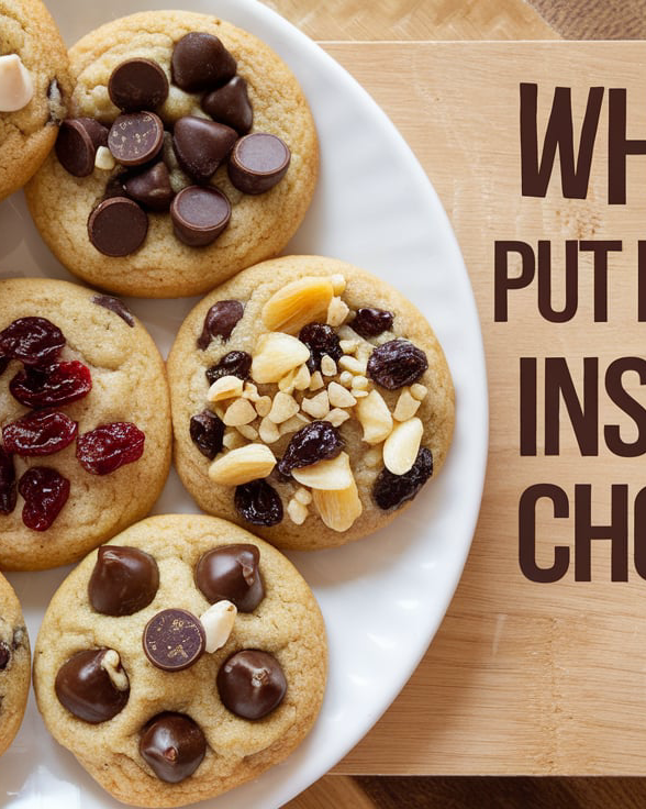 Various chocolate chip substitutes for cookies including nuts, dried fruit, and caramel pieces.