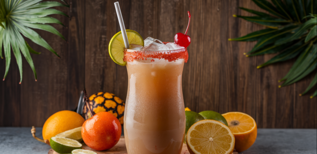 Hurricane cocktail with a garnish of orange slice and cherry in a hurricane glass