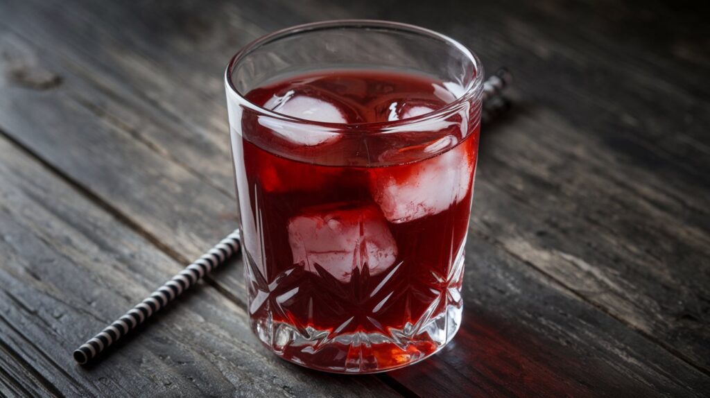 Glass of Transfusion cocktail with ice and lime garnish