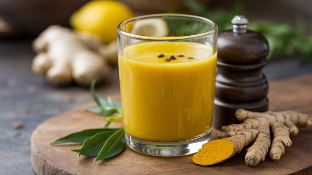 Turmeric drink in a glass with ingredients like turmeric powder, honey, and ginger.