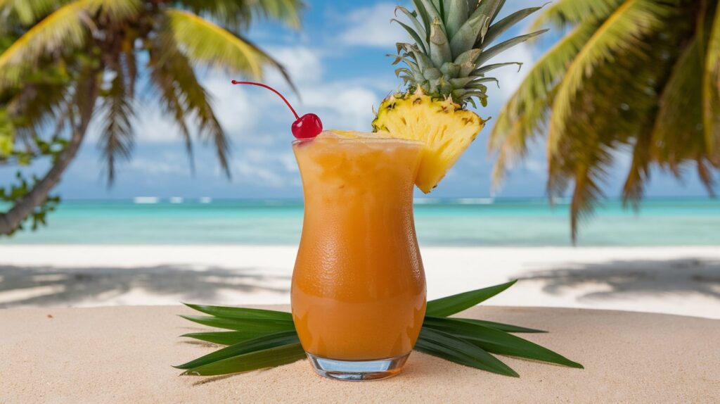 A Hurricane cocktail served on the rocks with a garnish of cherry and orange slice in a Hurricane glass.