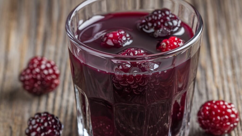 Glass of fresh blackberry juice with ripe blackberries on a wooden table.