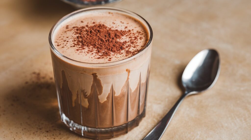 A cup of hot cacao with a spoon of raw cacao powder, highlighting the health benefits of drinking cacao every day.