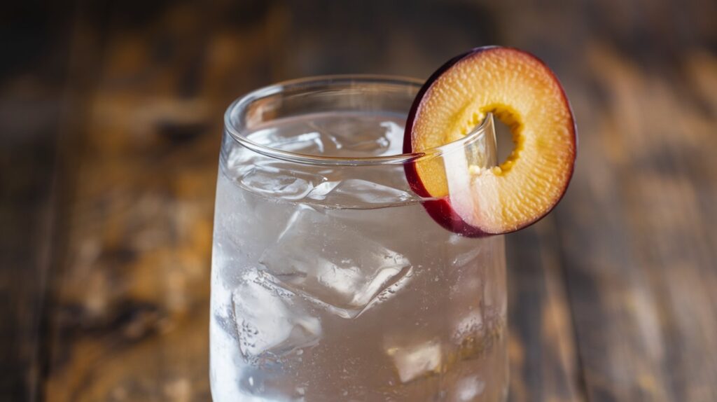 Glass of fresh plum juice with plums and mint on a wooden table.