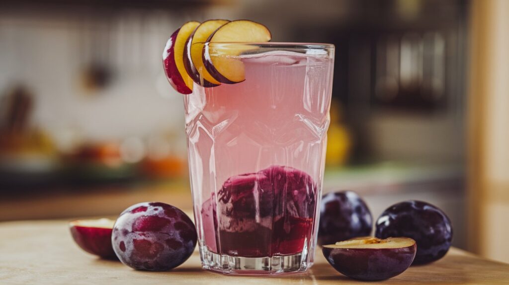 A glass of fresh homemade plum juice with plums in the background.