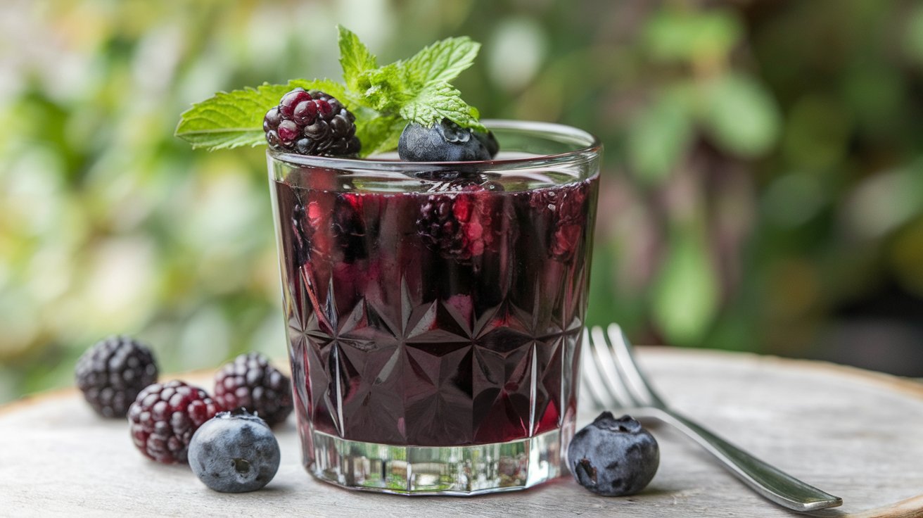 Glass of freshly made blackberry juice with ripe blackberries.