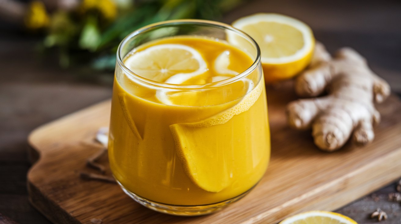 Glass of fresh turmeric juice with turmeric roots