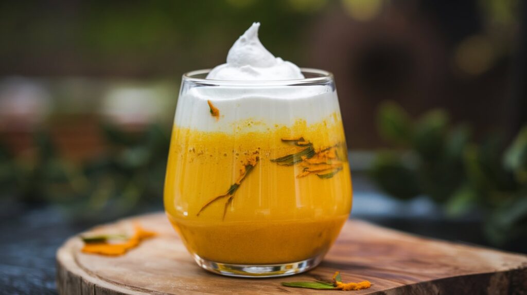 Glass of turmeric juice with fresh turmeric root, showcasing its vibrant golden color and health benefits.