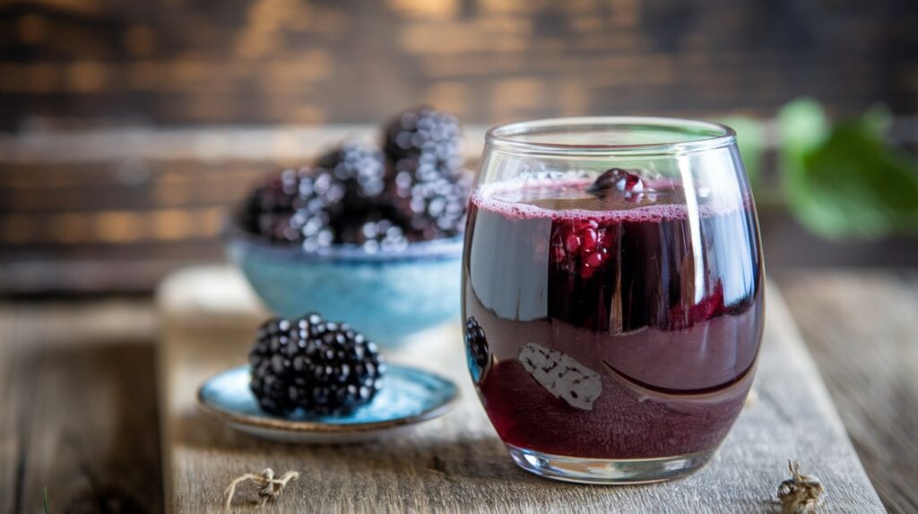 Freshly prepared glass of homemade blackberry juice with ripe blackberries on a wooden table.