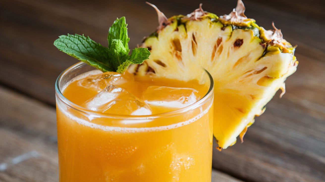 Glass of pineapple juice with various fruits and spices around it.