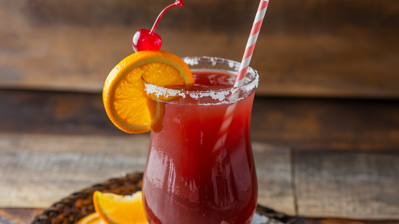 Classic Hurricane drink garnished with an orange slice and cherry, served in a traditional Hurricane glass.