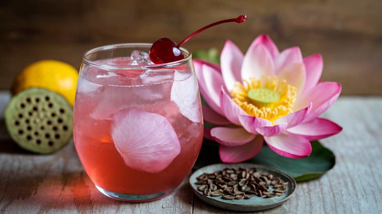 Refreshing homemade Lotus drink with lemon slices and herbs.