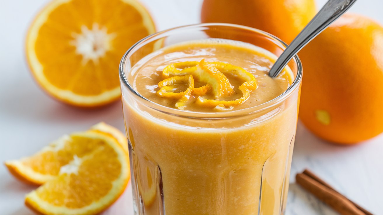 A creamy glass of orange milk smoothie made by blending oranges and milk.