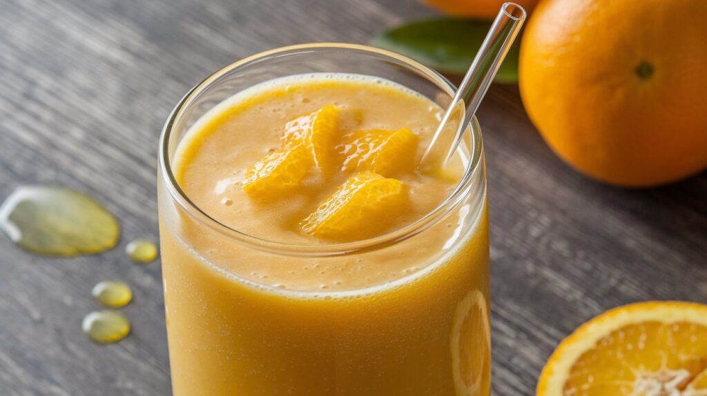 Fresh orange juice being poured into a blender with fruits for a healthy smoothie.