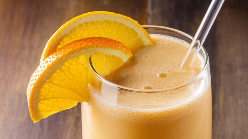 Fresh orange juice smoothie in a glass with a straw