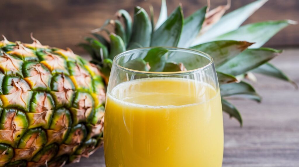 Fresh pineapple juice in a glass with pineapple slices