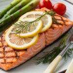 A grilled salmon fillet served with asparagus and lemon slices.