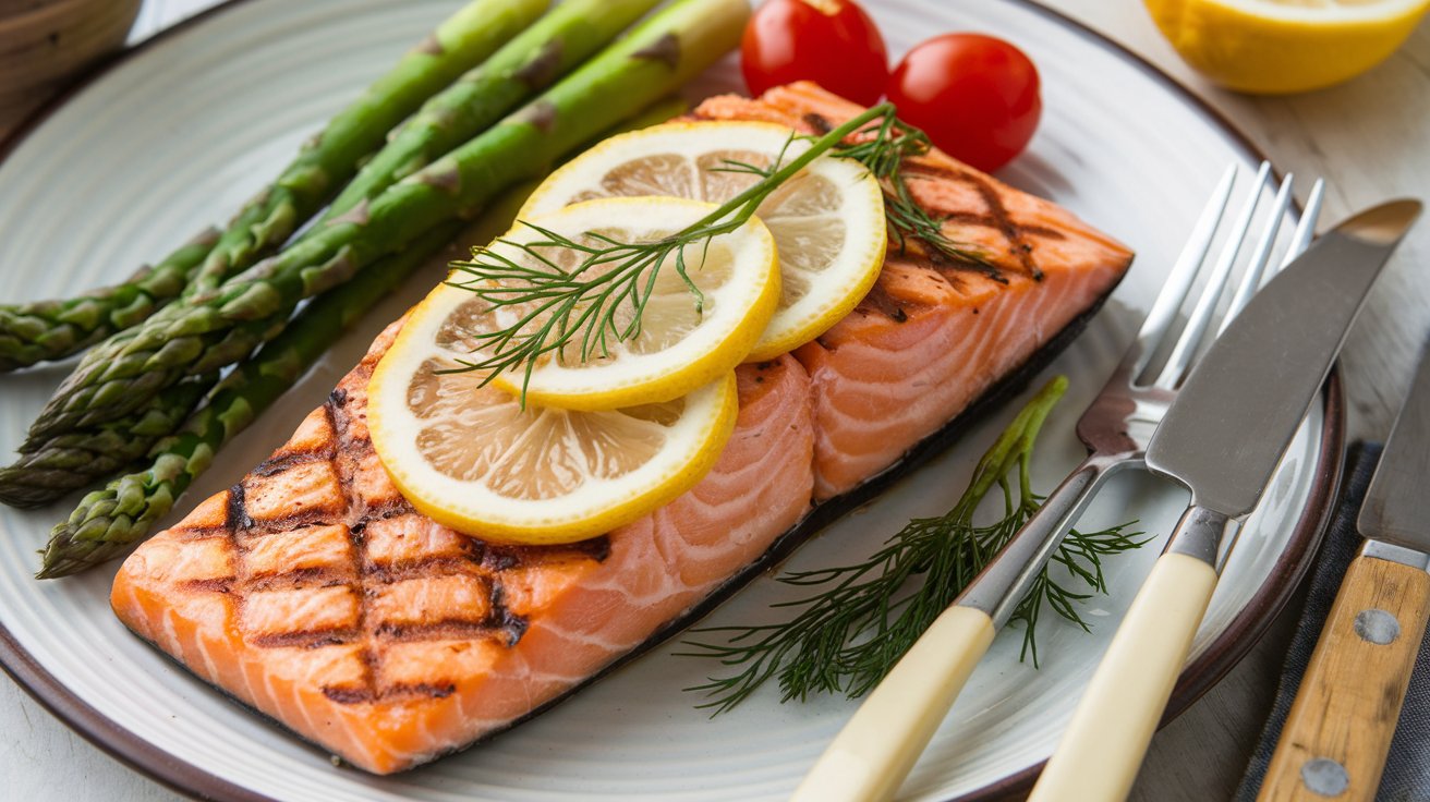 A grilled salmon fillet served with asparagus and lemon slices.