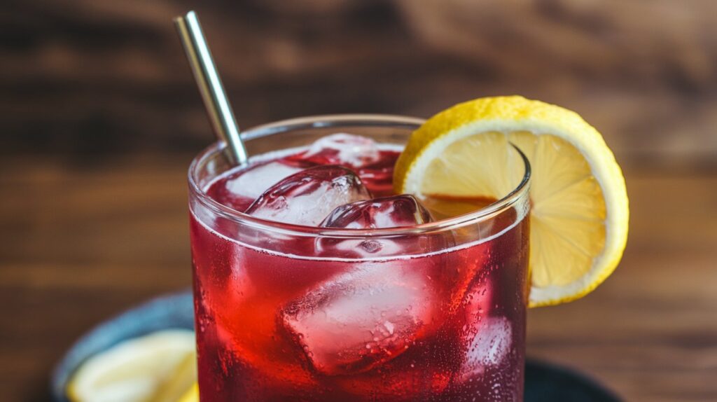 A glass of Transfusion cocktail with ice and a lime wedge on a golf course.