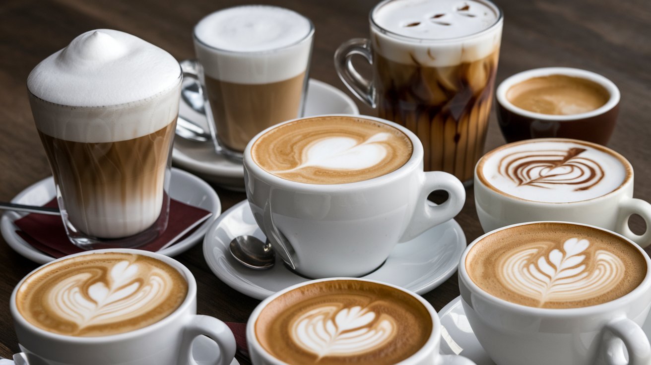 Different types of espresso drinks in cups, including lattes, cappuccinos, and macchiatos.