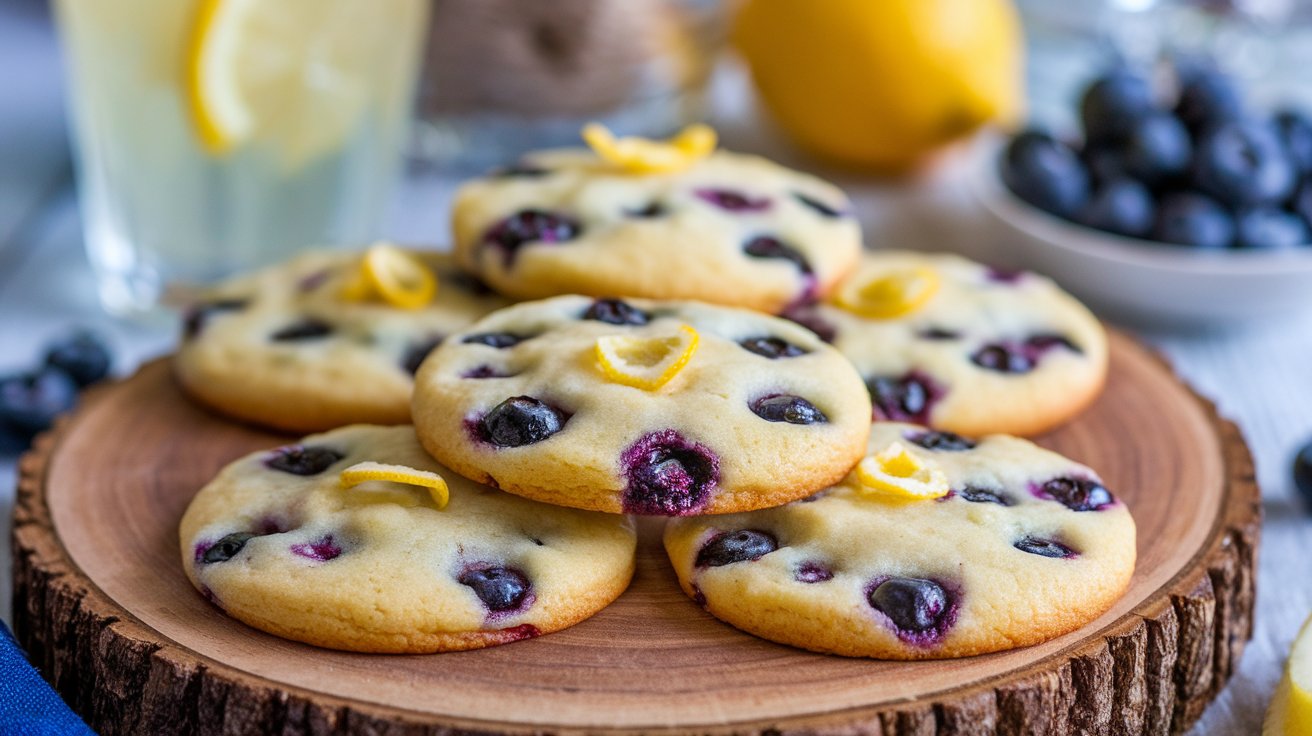 Freshly baked lemon blueberry cookies with blueberries and lemon zest on a plate.