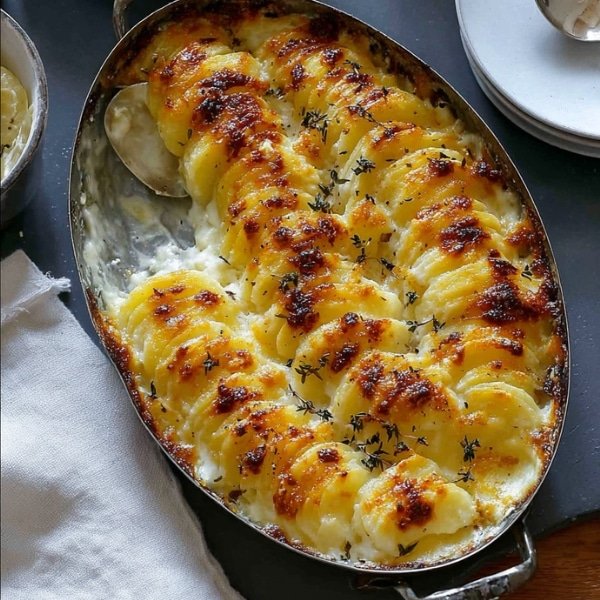 Cheesy garlic potatoes gratin in cast-iron pan