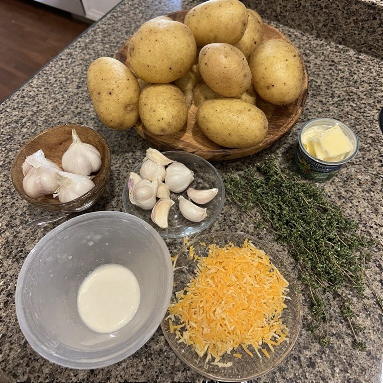 Ingredients for cheesy garlic potatoes gratin