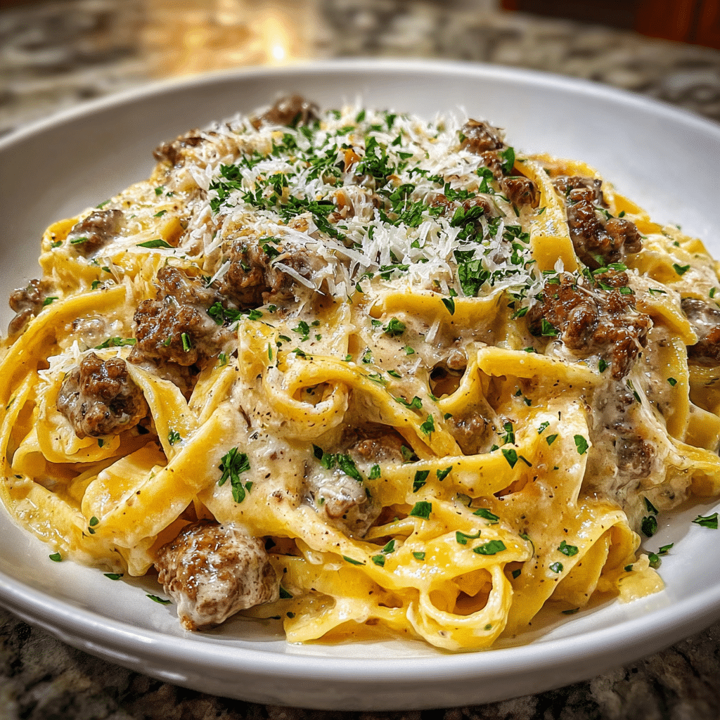 Creamy beef fettuccine pasta in a rustic bowl