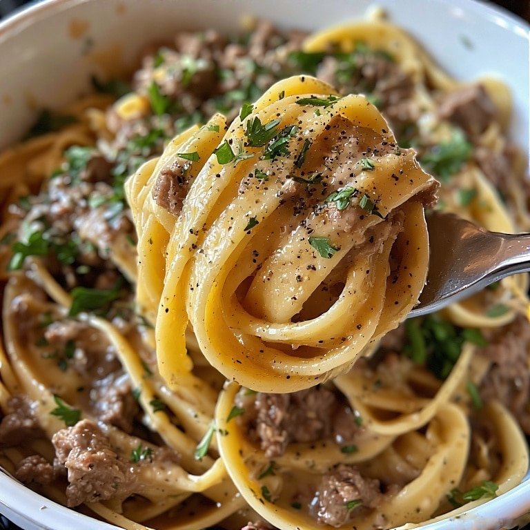 Creamy beef fettuccine served in bowl with garnish