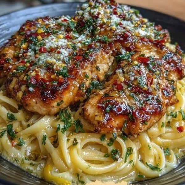 Zesty Lemon Garlic Chicken Paired with Parmesan Linguine